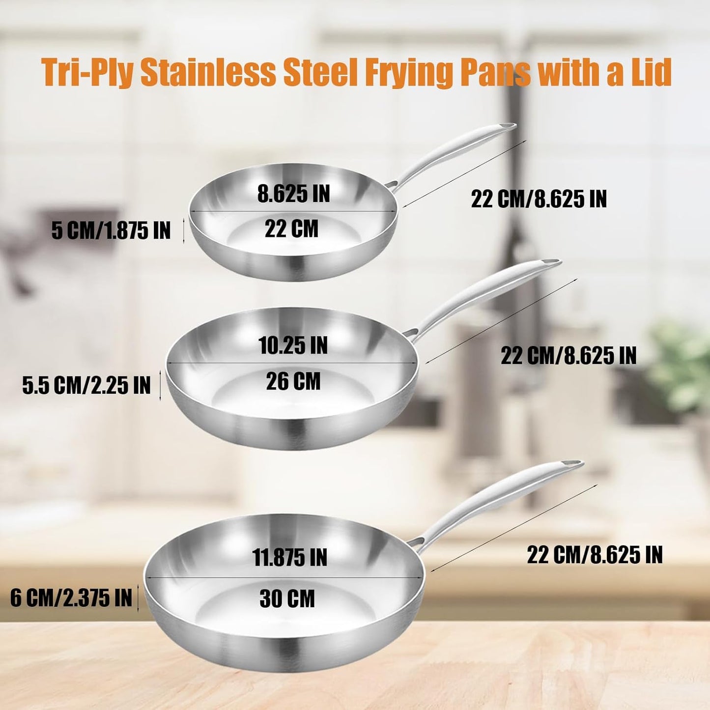 Inqibee 8.5-10-12 Inch Tri-Ply Stainless Steel Frying Pan Set with a Lid,Skillets,Induction Cooking Pans,Pots and Pans Set,Dishwasher and Oven Safe,Detachable Handle.