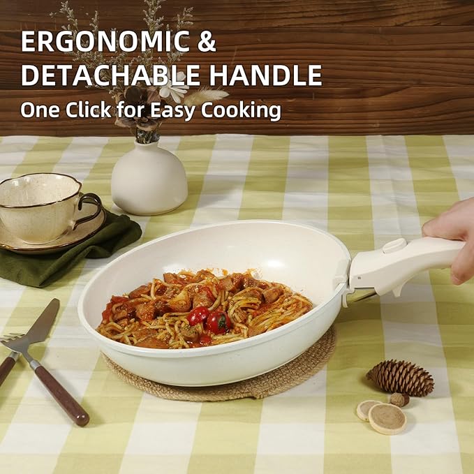 8Pcs Pots and Pans Set Nonstick Ceramic Cookware Set Removable Handle Induction Kitchen Cooking Set with Frying Pans and Sauce Pan, Cream White