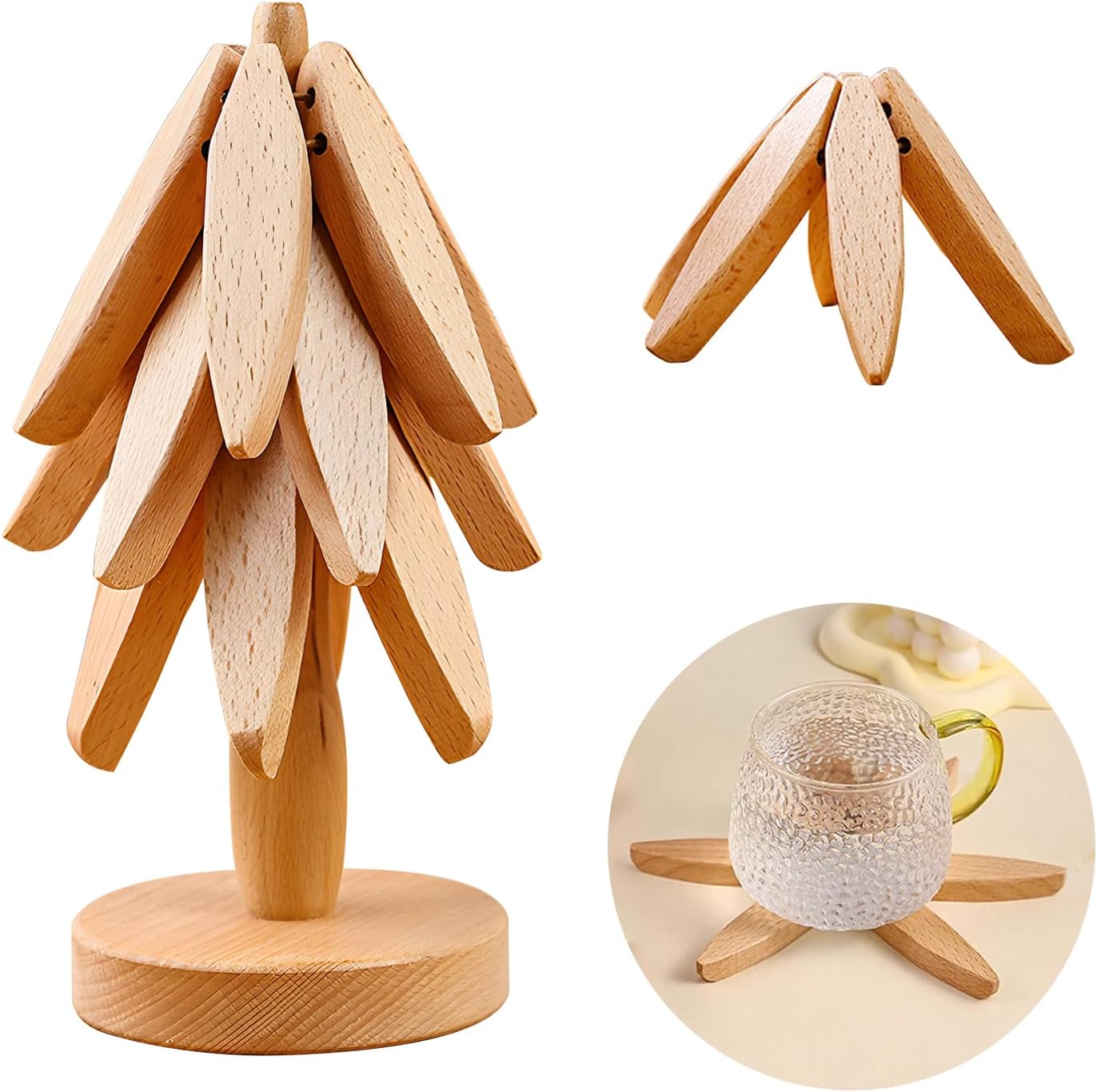 Generic Wooden Trivets for Hot Dishes with 4 Beech Wood Hot Plate Mats, Used as Jungle Theme Decorations and for Table Protection for Hot Dishes/Pots/Bowls/Teapots/Drinks/and Plates, LIN-HAO001