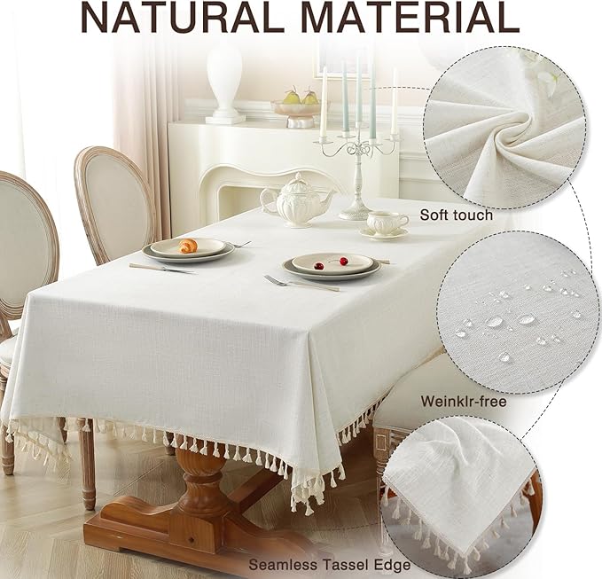 JIALE Textured Tablecloths, Heavy Duty Cotton Linen Farmhouse Table Cloth Rectangle Table, Waterproof Wrinkle-Free Rectangle Tablecloth for Kitchen, Dining, Parties, 55"x106", Ivory