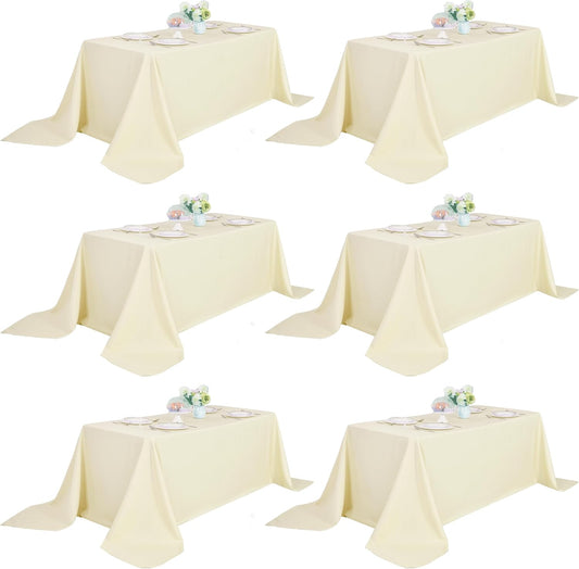 6-Pack 90x132 inch Beige Table Cloths, Solid Stain and Wrinkle Resistant Oblong Tablecloth, Premium Plain Weave Polyester Fabric Rectangle Table Linen Covers for Hotel, Wedding