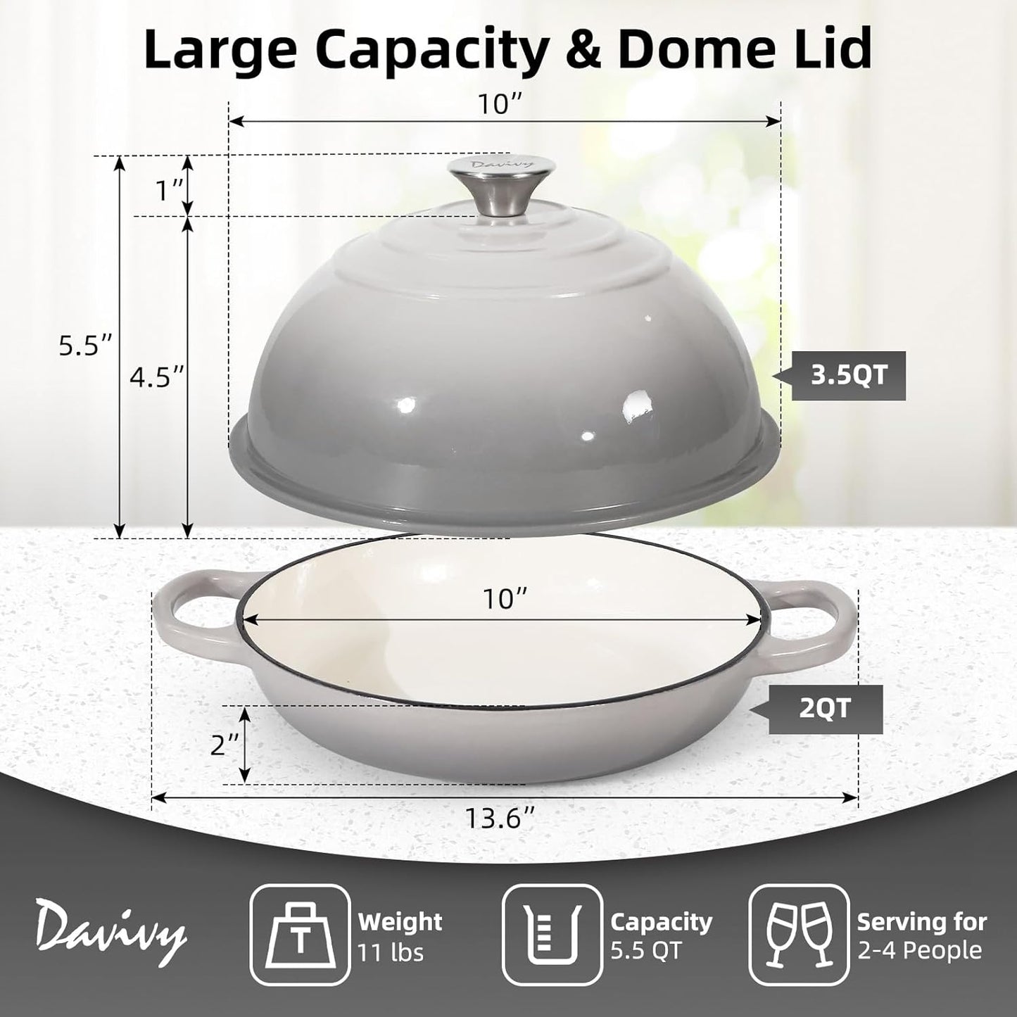 Davivy 5.5QT Cast Iron Dutch Oven with Lid, Bread Dutch Oven for Sourdough Bread, 10" Round Sourdough Bread Baking Pan, Enameled Cast Iron Bread Oven - Light Grey