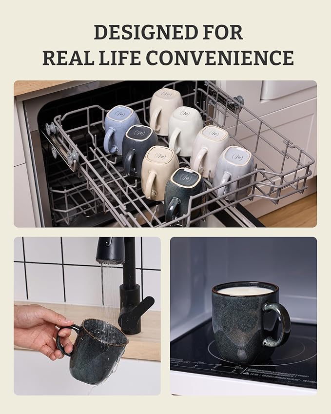 famiware Coffee Mugs Set of 6, Ocean Square 13oz Coffee Cup Set with Handle for Cocoa, Milk, Hot Chocolate, Tea, Water, Stoneware Cups for Kitchen, Microwave and Dishwasher Safe, Deep Forest