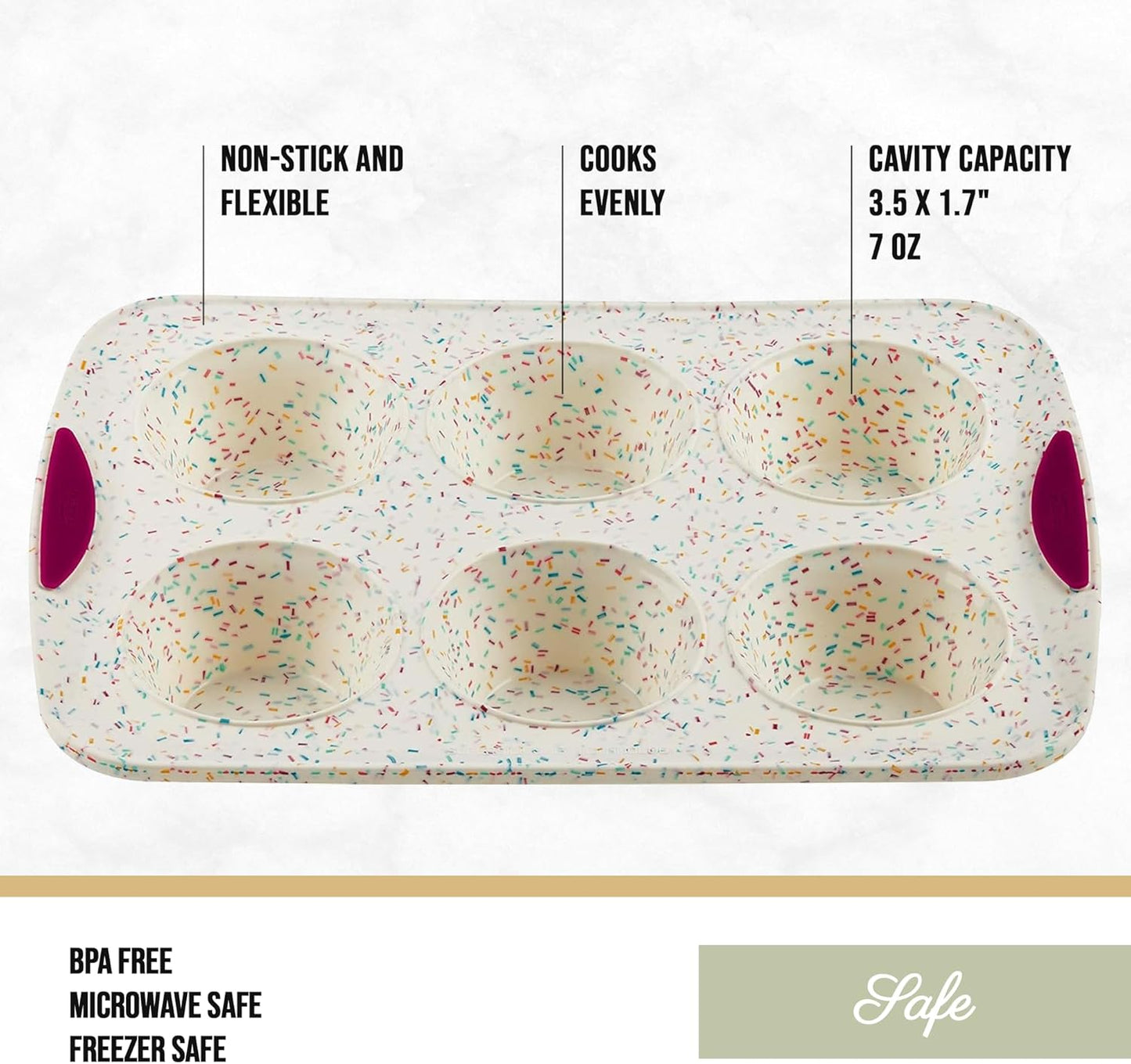 Trudeau Structure White Confetti 6-Cup Jumbo Muffin Pan – Premium Steel-Reinforced Silicone Bakeware, Nonstick BPA-Free Cupcake & Muffin Mold – Oven, Freezer & Dishwasher Safe