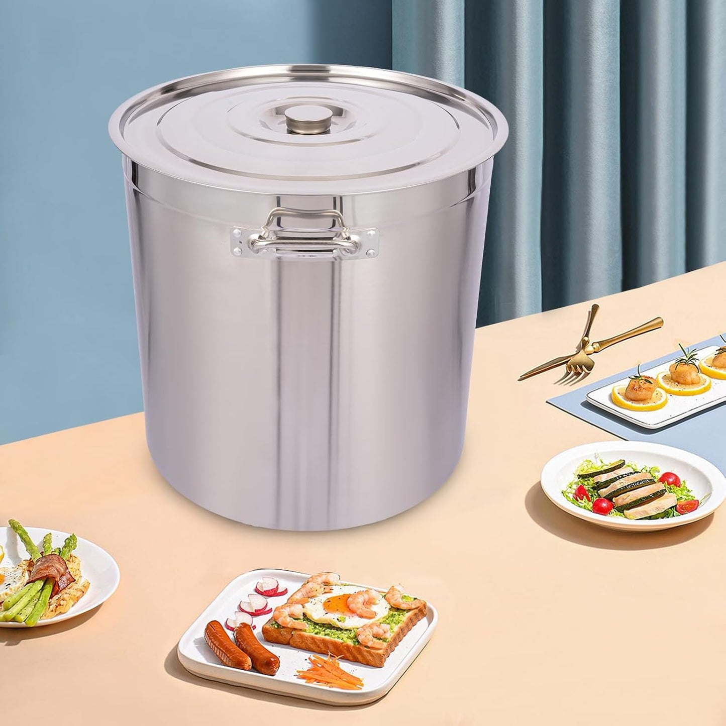 Stock Pot with Lid, 201 Stainless Steel Big Pots for Cooking, 104 Quart Stockpots with Hanging Lid and Handle, Anti-Corrosion, Anti-Rust, Used for Induction Stoves, Gas Stoves, Electric Stoves