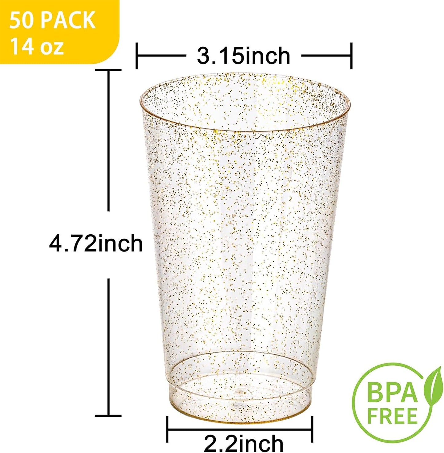 I00000 50 Pack 14 oz Gold Plastic Cups, Disposable Tumblers Gold Glitter Plastic Cups, Disposable Wine Glasses Cocktail Glasses Perfect for Wedding, Mother's Day, Thanksgiving, Christmas Parties