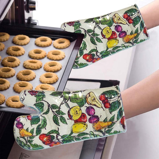 Oven Mitts Set of 2 with Transparent Clear Silicone Shell and Nice Friut Flower Cotton Lining, Heat Resistant to 500 F Kitchen Oven Gloves Pot Holder for Cooking (Friut Flower, Oven Mitts)