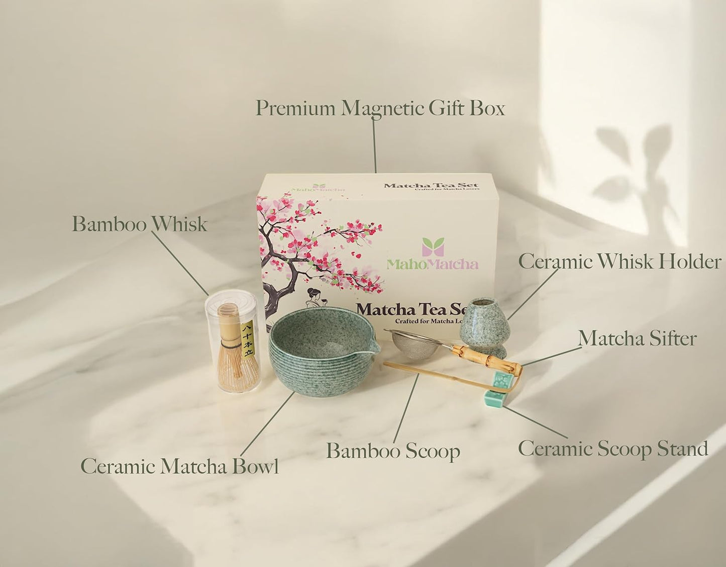 Whisk Set – 6-Piece Matcha Bowl & Bamboo Whisk Kit with Bowl, Scoop, Sifter, Ceramic Chasen Holder & Premium Gift Box | Cute Japanese Matcha Ceremony Tea Set for Making Breakfast & Latte