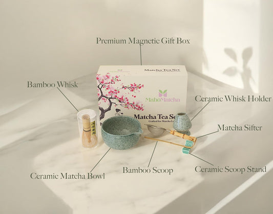 Whisk Set – 6-Piece Matcha Bowl & Bamboo Whisk Kit with Bowl, Scoop, Sifter, Ceramic Chasen Holder & Premium Gift Box | Cute Japanese Matcha Ceremony Tea Set for Making Breakfast & Latte