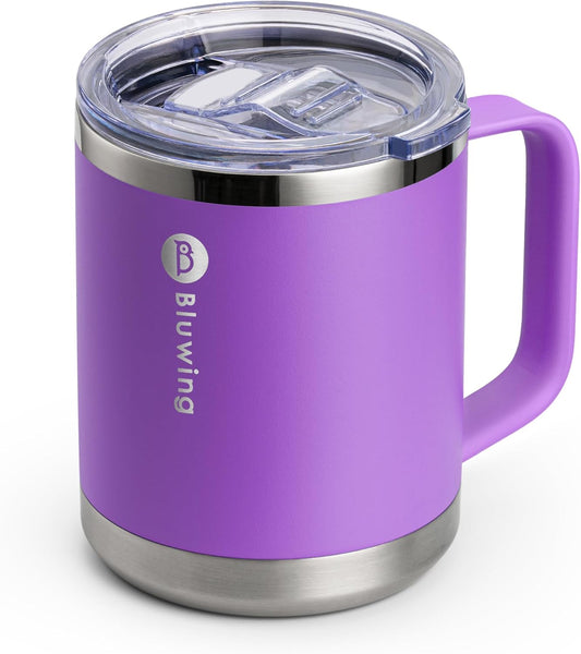 Insulated Coffee Mug with Lid, 12 oz Travel Coffee mug with handle Double Wall Stainless Steel Travel Tumbler Cup, Spill Proof (Purple)