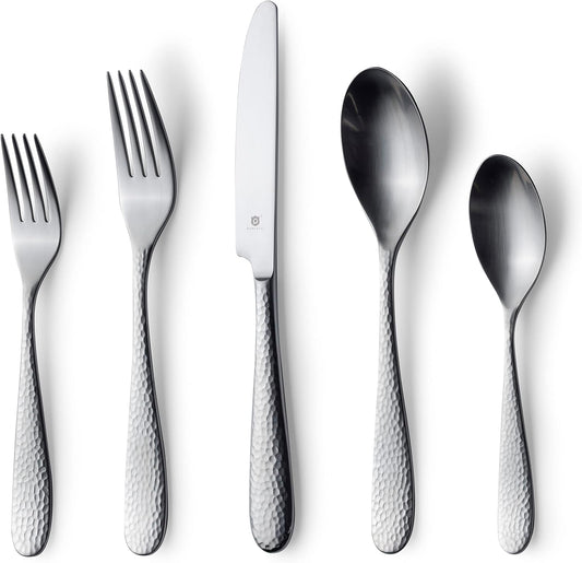 Matte Silverware Set, 18/10 Stainless Steel Satin Flatware, Modern Brushed Finish Cutlery, Dishwasher Safe & Durable, Built to Last (60-Piece, Fidenza Hammered)