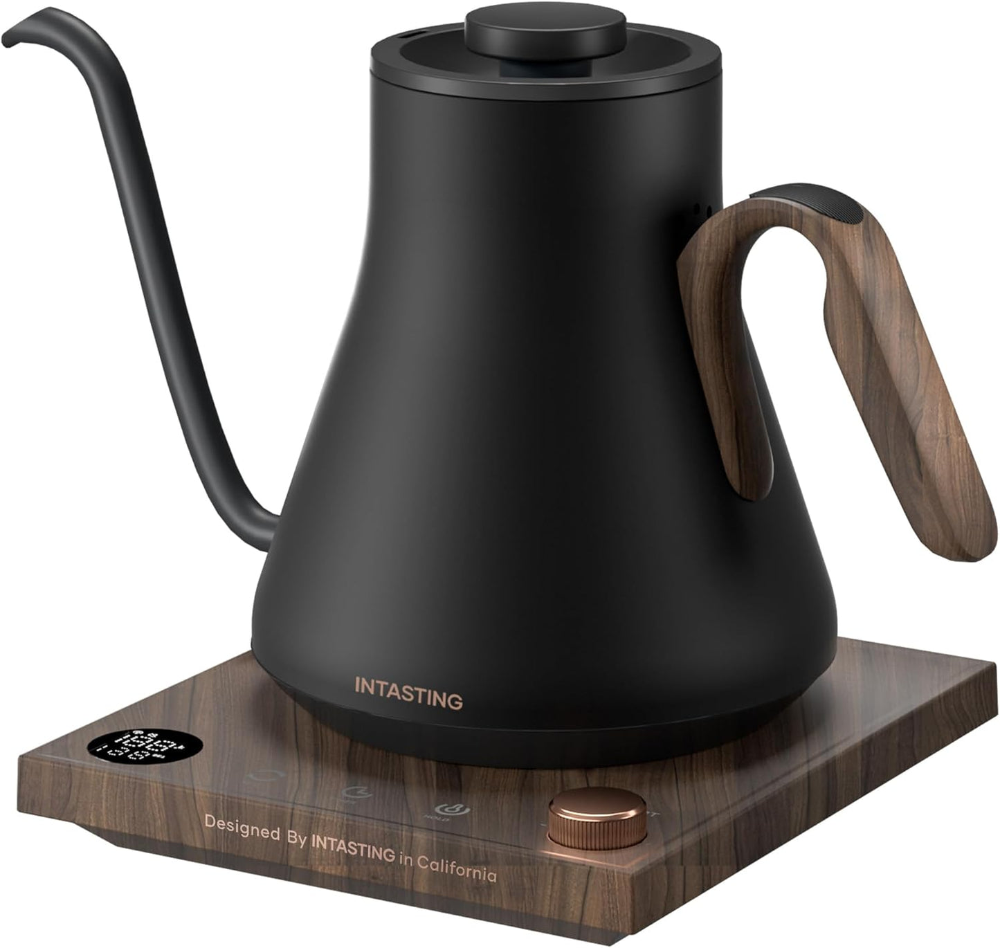 Electric Kettle, Gooseneck Electric Kettle, ±1℉ Precise Temperature Control, Stainless Steel Interior, Quick Heating for Pour Over Coffee, Tea & Boiling Water, 0.9L (Matte Black & Wood)