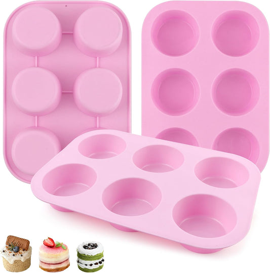 3-Pack 6-Cup Silicone Muffin Pans, Nonstick Cupcake Baking Molds, Muffin Cupcake Pans Molds for Baking, BPA/PFA-Free, Dishwasher & Oven Safe - Pink