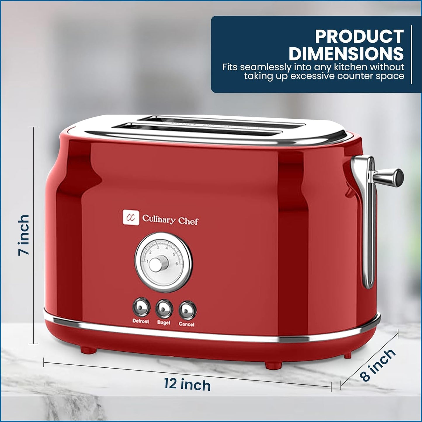 CULINARY CHEF, 2 Slice Toaster, Retro Style, Wide Slot for Bread, English Muffins, Croissants, and Bagels, 6 Adjustable Toast Settings, Cancel and Defrost, 900w, Red