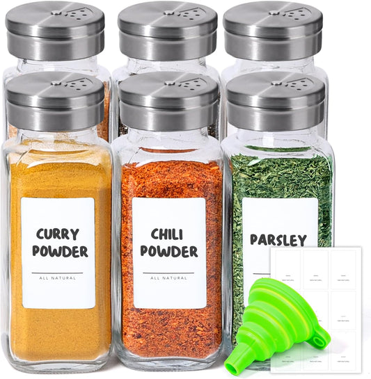 ComSaf 8oz 6PCS Spice Jars with Adjustable Shaker lids，21 Labels, Spice Jars Trial Set & Supplement Set, Empty Ingredient Containers and Square Ingredient Bottles for Kitchen and Seasoning