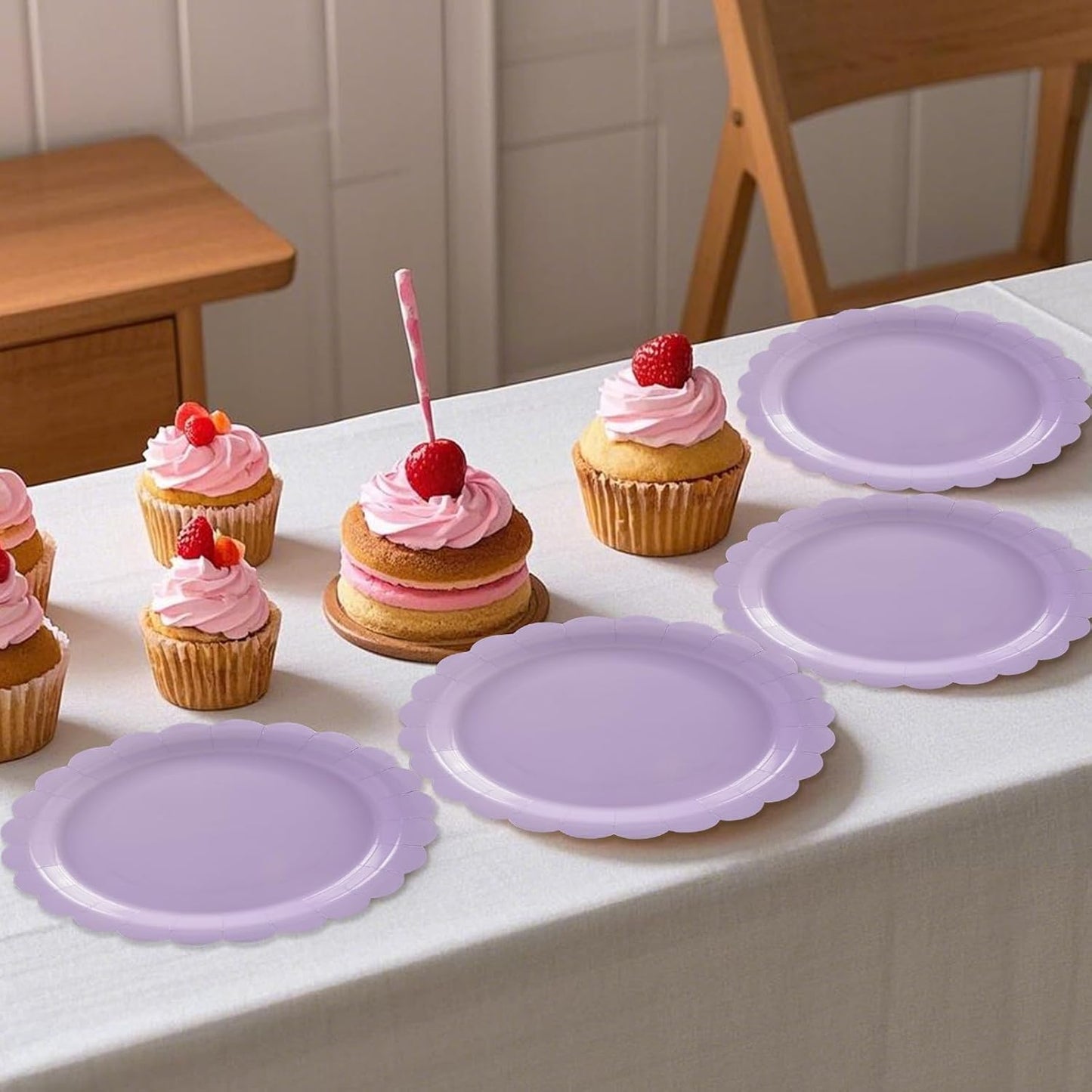 50Pcs Purple Paper Plates-7 Inch Solid Color Scalloped Disposable Birthday Dinnerware Set Dinner Party Plate for Graduation Wedding Baby Shower Table Decor 50 Guests