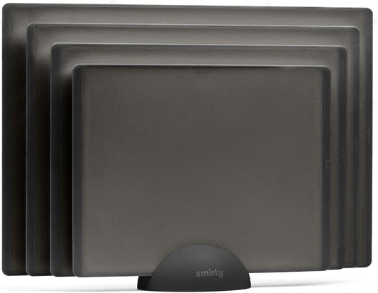SMIRLY Plastic Cutting Board Set with Holder 4 Pieces, Non-Slip Dishwasher Safe Chopping Boards for Kitchen, Dark Grey