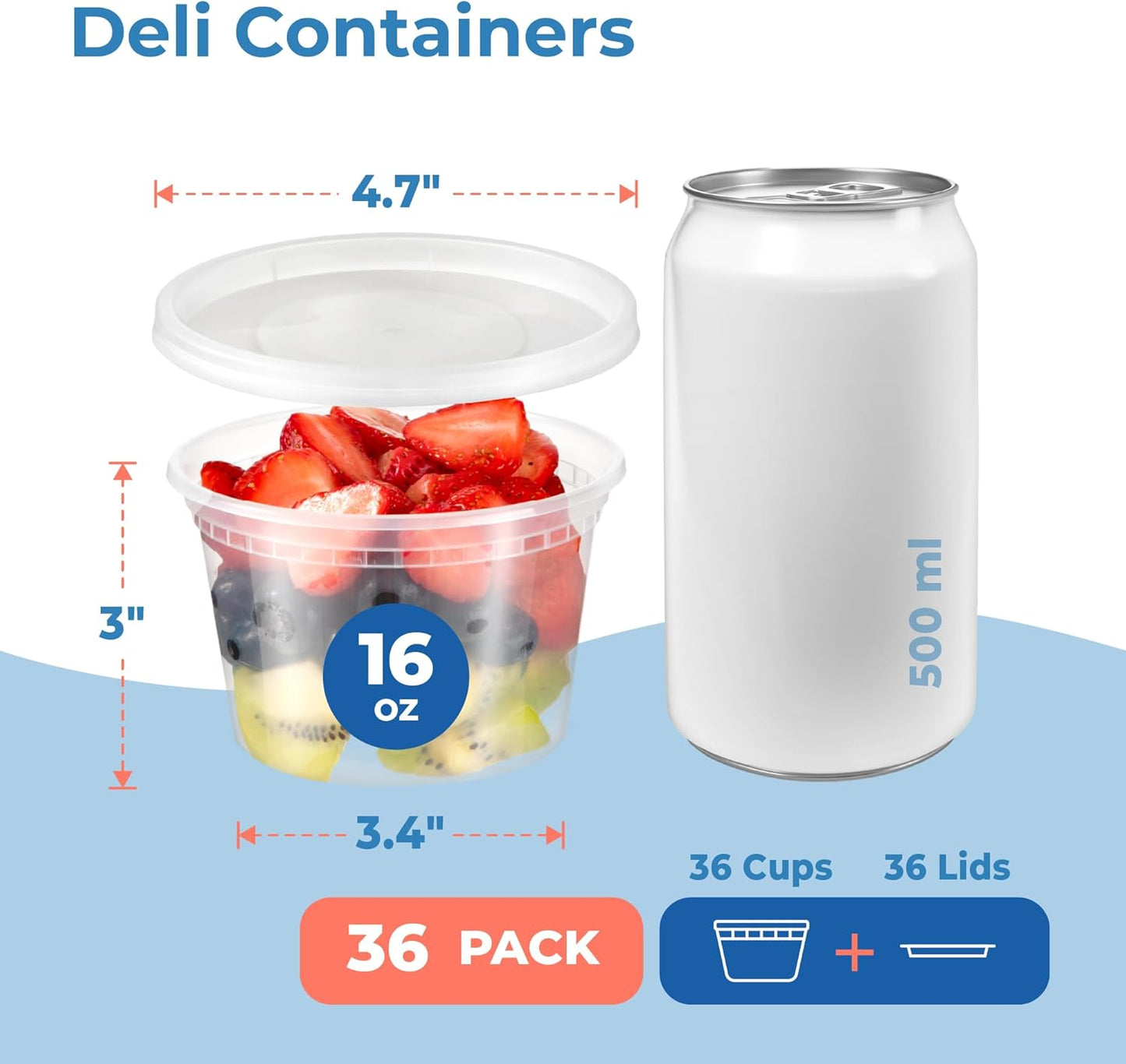 Fit Meal Prep 36 Pack 16 oz Deli Containers with Lids Variety Pack, US Made Leakproof Assorted Plastic Soup Containers, Combo Clear Food Storage Containers with Lids, Microwave Freezer Safe