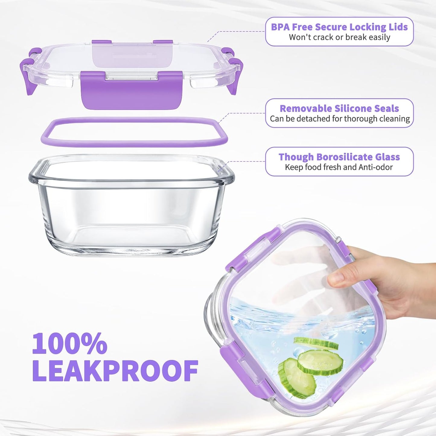 34pcs Glass Food Storage Containers with Lids Set, Airtight Glass Meal Prep Containers (17 Containers & 17 Lids), Leak Proof Lunch Container BPA-Free, Microwave, Oven, Freezer, Dishwasher Safe-Purple