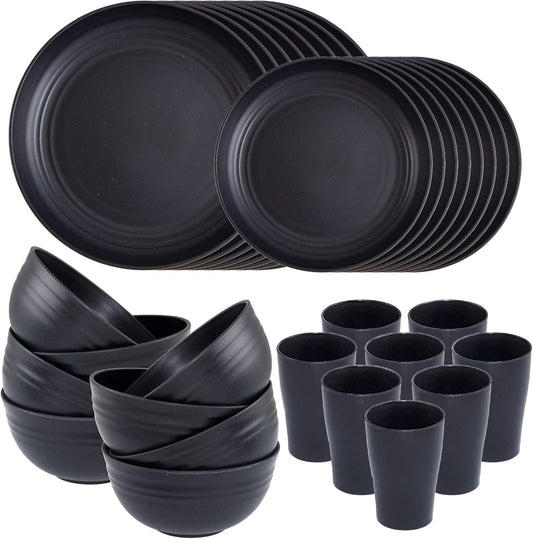 Supernal Wheat Straw Dinnerware Sets,Plates and Bowls Set, Dish Sets for 8, Unbreakable Plate for 8 Dishwasher Safe,Reusable Dinnerware Black-16pcs Plates, 8pcs Bowls, 8pcs Cups.