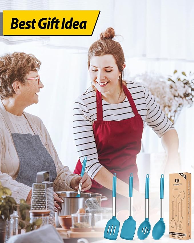 Pack of 4 Silicone Cooking Utensils Set, Non Stick Large Solid Spatulas, Heat Resistant Blue Slotted Spoons, Ideal BPA Free Kitchen Turners for Frying, Mixing,Serving,Draining,Turning,Stirring