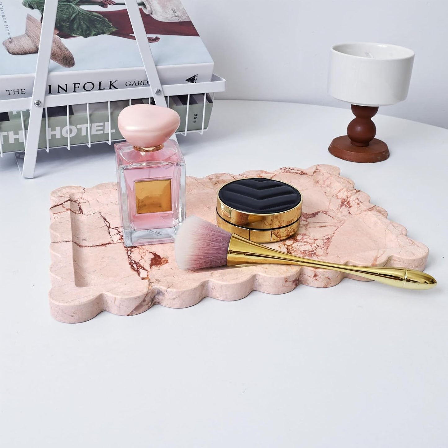 Yew & Tulip Natural Marble Vanity Tray with Scalloped Rim, Nature Rose Pink Luxury Stone Serving Tray for Bathroom, Kitchen, Vanity, Home Decor, Wedding etc. (12"x 8" x 0.6")