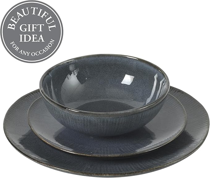 Gibson Elite Sandy Pines Stoneware Plates and Bowls Set - 12 Piece Reactive Glaze Dinnerware Set - Service for 4 - Dishwasher and Microwave Safe - Blue