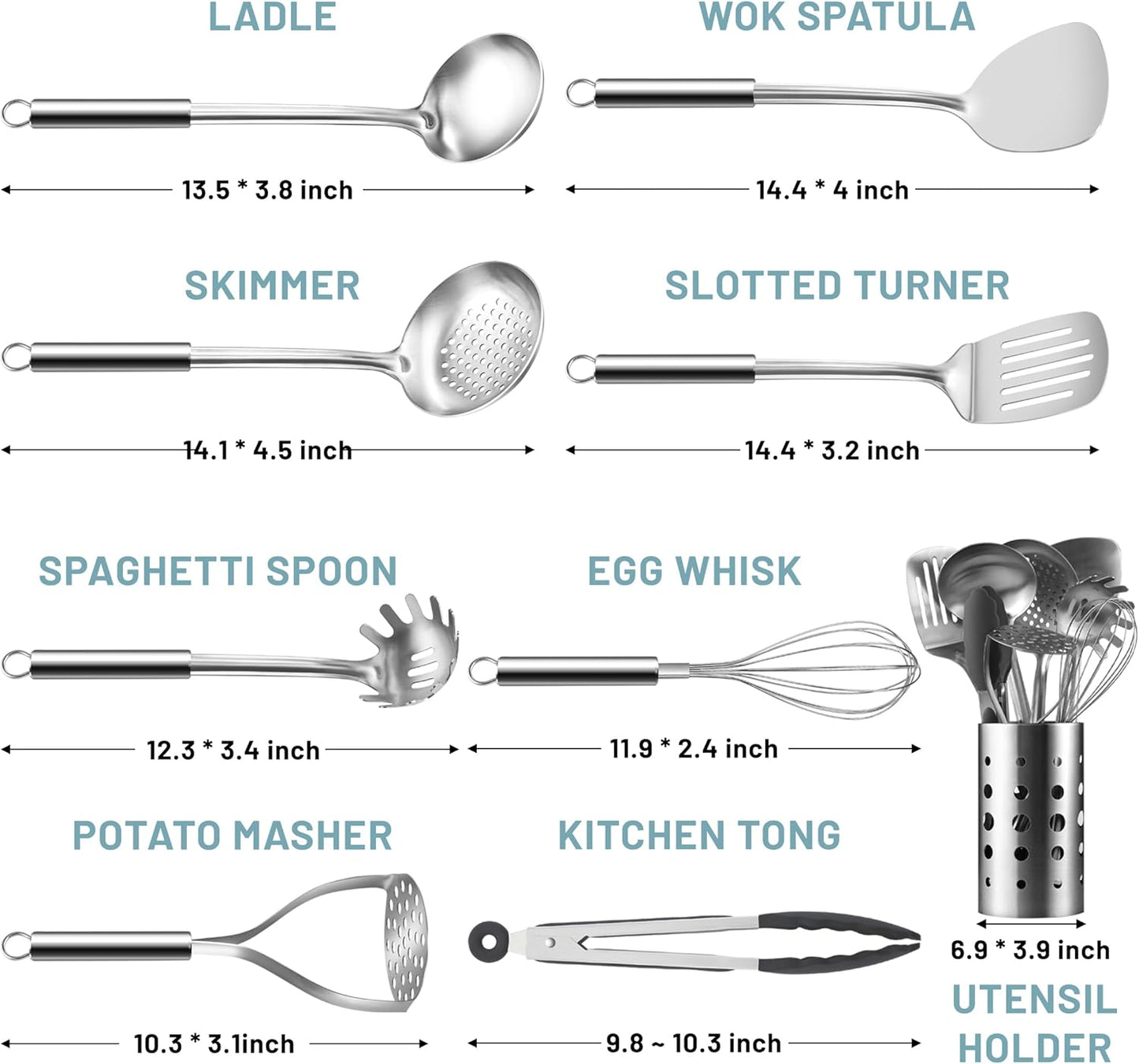 Pleafind Stainless Steel Cooking Utensils Set, 9 Pcs Heat Resistant Kitchen Utensils Set, Nonstick Kitchen Tools Set With Utensil Holder, Metal Spatula Set for Chef, Dishwasher Safe