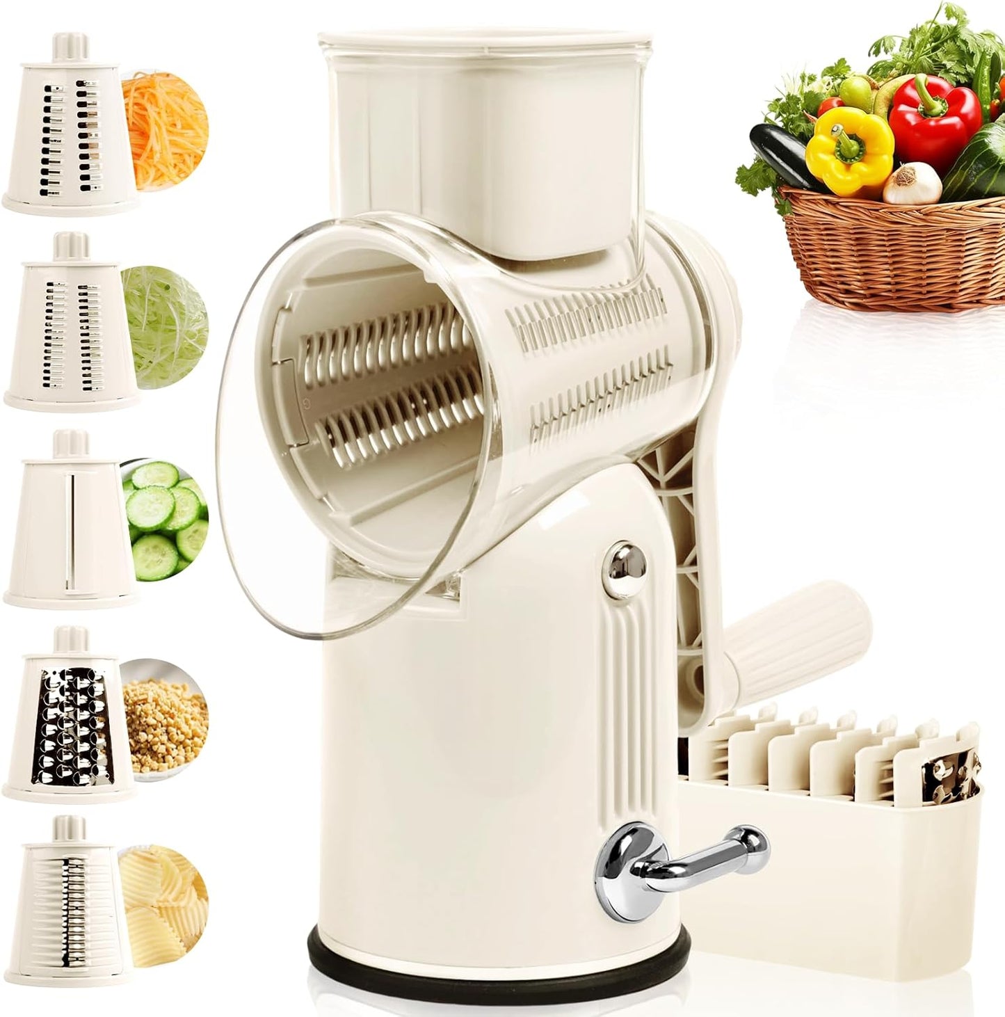 Rotary Cheese Grater with Handle, Vegetable Shredder with 5 Replaceable Blades & Strong Suction Base, Round Food Slicer & Chopper for Kitchen Fruit Vegetables Nuts with Blade Storage Box (White)