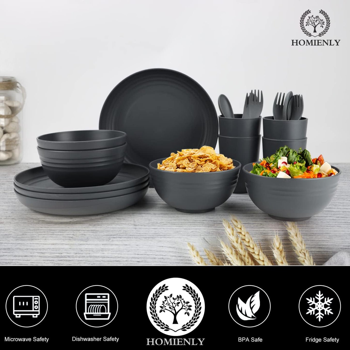 Wheat Straw Dinnerware Sets, Homienly 20pcs Unbreakable Microwave Dishwasher Safe Tableware Lightweight Bowls, Cups, Plates Set Reusable Dinner Plates Bowls set (Dark Grey)