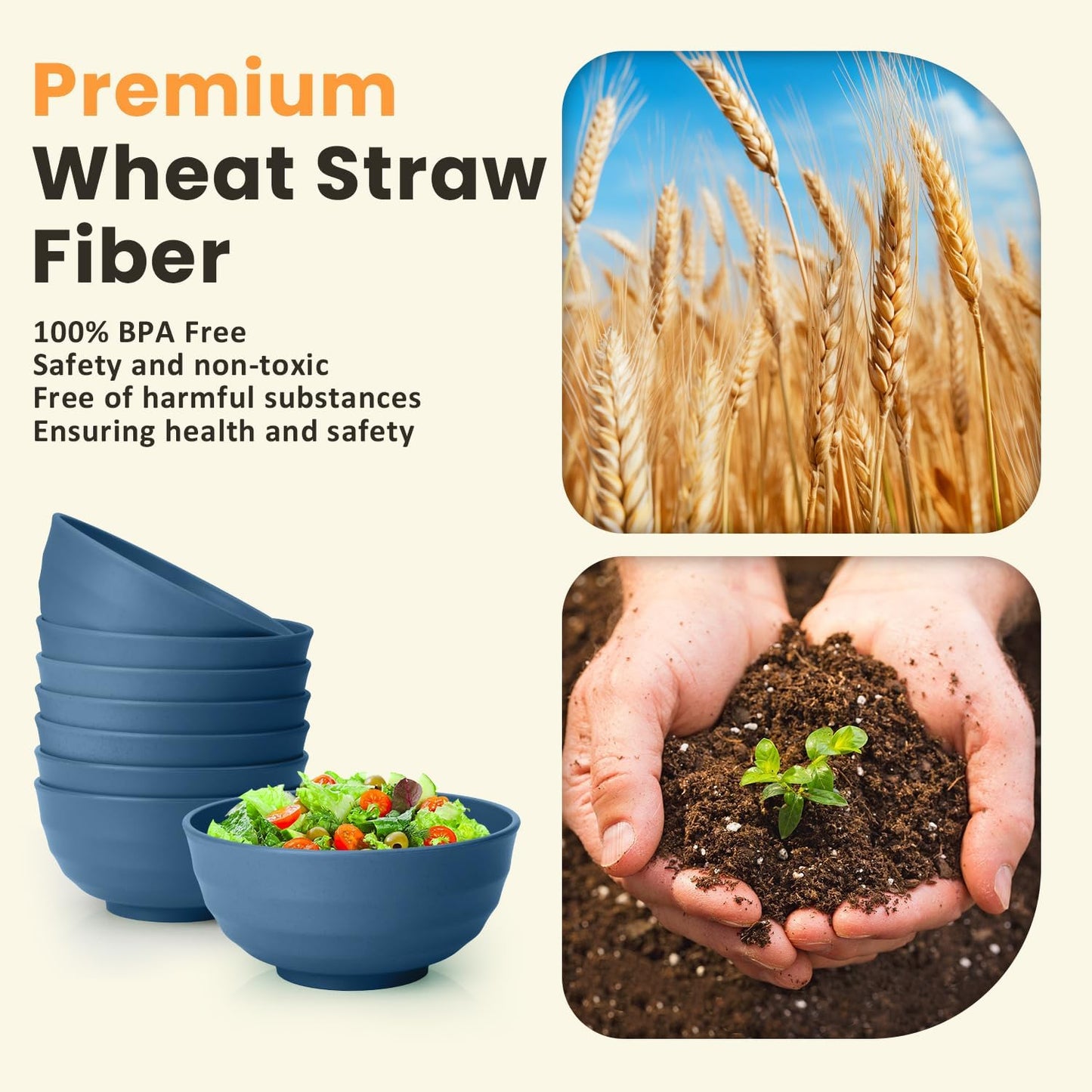 Homienly Wheat Straw Bowls, 60 OZ Salad Bowls,Large Serving Bowls Set of 8, Unbreakable Big Bowl for Kitchen,Ramen,Cereal,Salad,Serving Reusable, Microwave and Dishwasher Safe Bowl-Blue