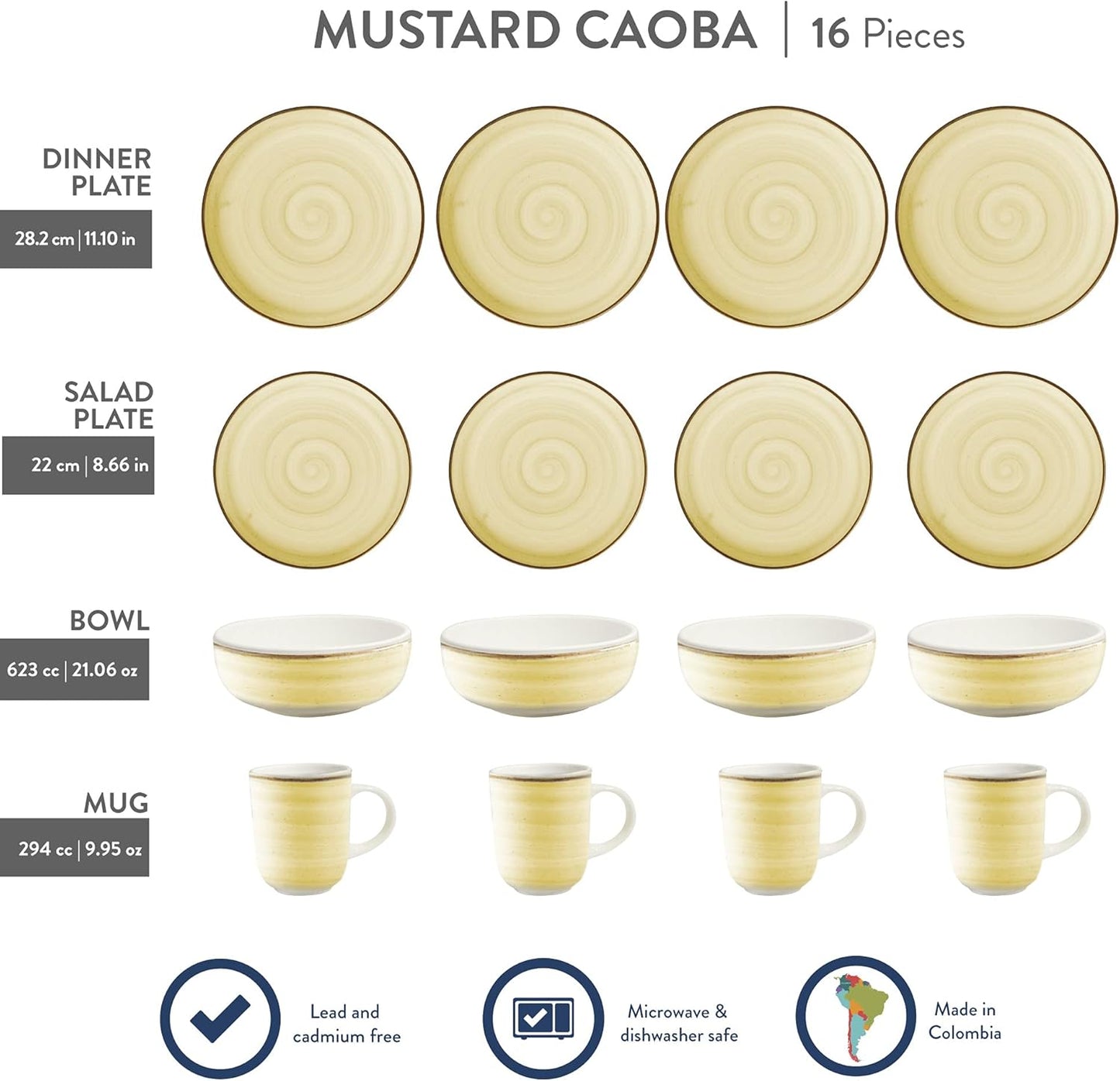 Corona 16 –piece Yellow Hand-painted Vintage Style Ceramic Dinnerware Sets, Plates, Bowls and Mugs, Service For 4, Mustard Caoba