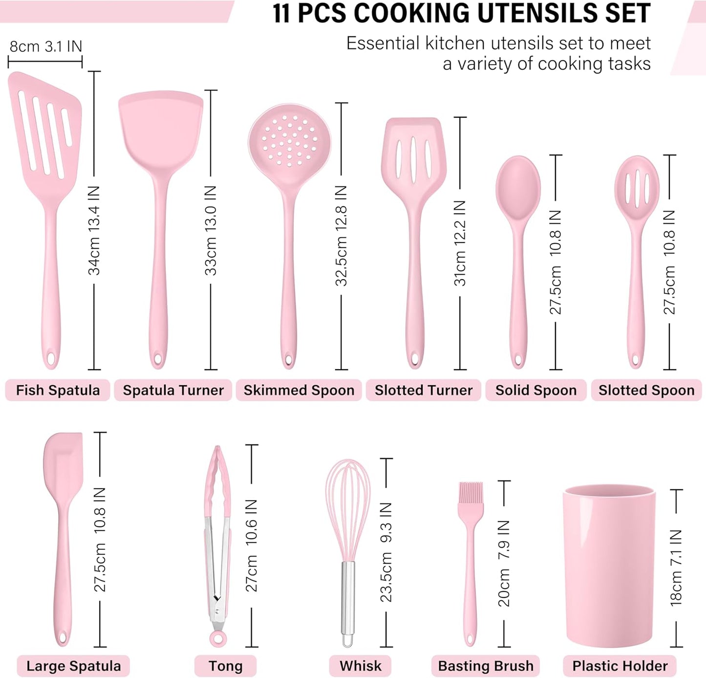 HaWare 11 PCS Silicone Cooking Utensils Set, Heat Resistant Kitchen Utensils with Holder, Food-grade Spatula Sets for Nonstick Cookware, Kitchen Tools Gadgets Include Fish Turner, Spoon (Pink)