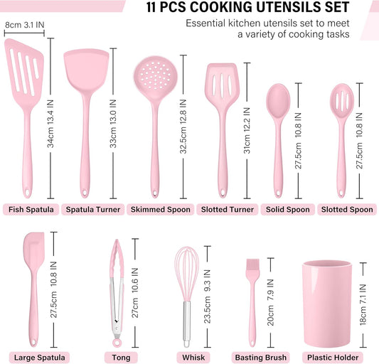 HaWare 11 PCS Silicone Cooking Utensils Set, Heat Resistant Kitchen Utensils with Holder, Food-grade Spatula Sets for Nonstick Cookware, Kitchen Tools Gadgets Include Fish Turner, Spoon (Pink)