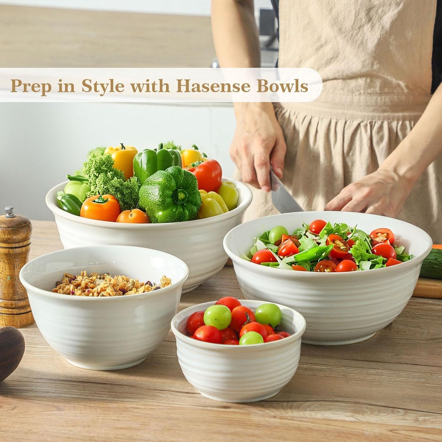 Hasense Porcelain Mixing Bowls, 2.8/2.1/1.0/0.5 Qt, Handmade Large Salad Serving Bowls for Kitchen, Deep Nesting Dishes for Cooking and Baking, Microwave Dishwasher Safe, Clay-Infused White