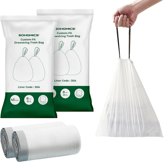 SONGMICS Trash Bags for 8-Gallon (30 L) Trash Cans, Drawstring Kitchen Garbage Bags, Pre-Separated, Liner Code 30A, 2 Rolls, 90 Count, White UKRB30A02