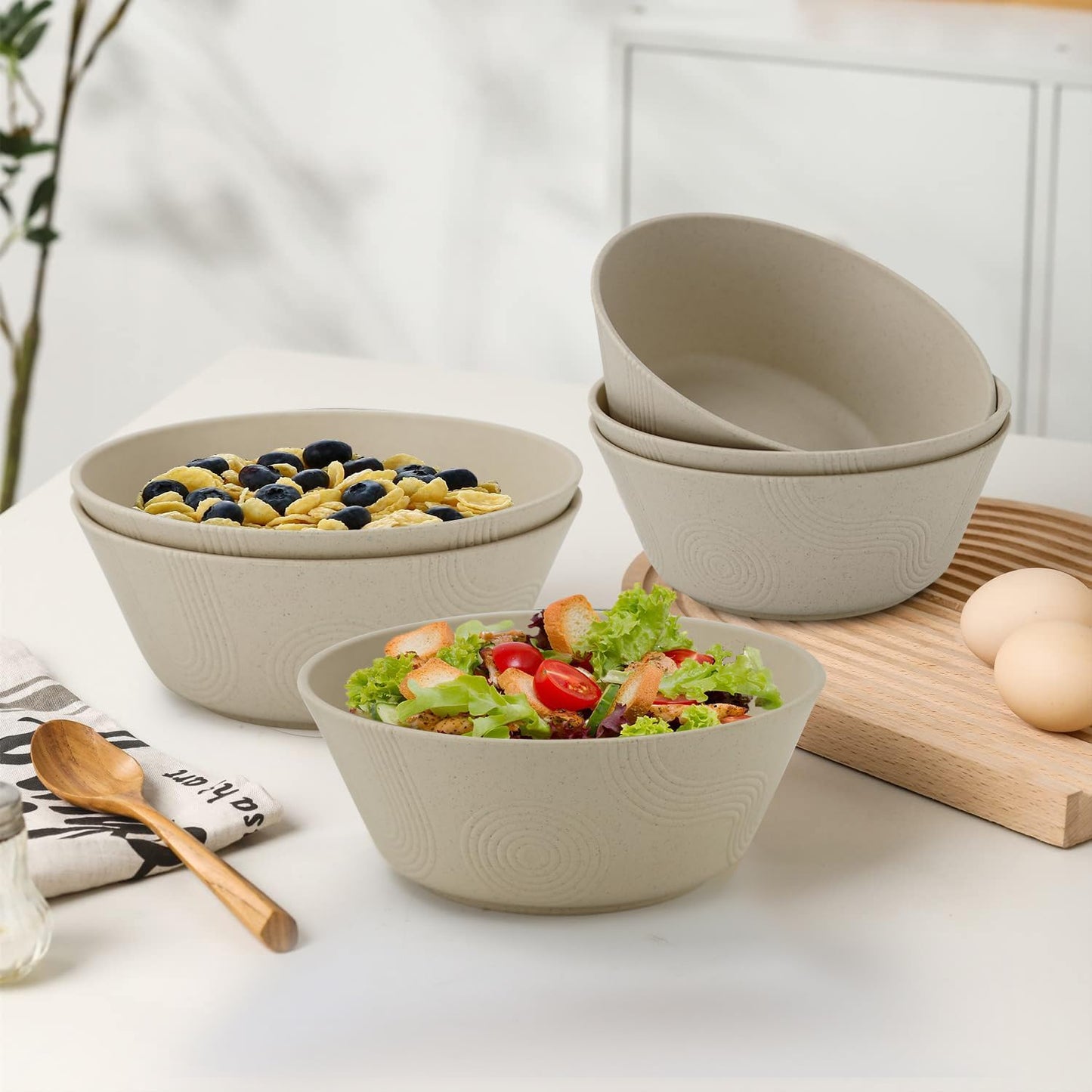 Homienly Cereal Bowl - Wheat Straw Bowls 6 PCS | Microwave & Dishwasher Safe | Patented Textured for Secure Grip| Ideal for Cereal, Soup, Salad - Versatile Dining Alternative to Plastic Bowls(Beige)