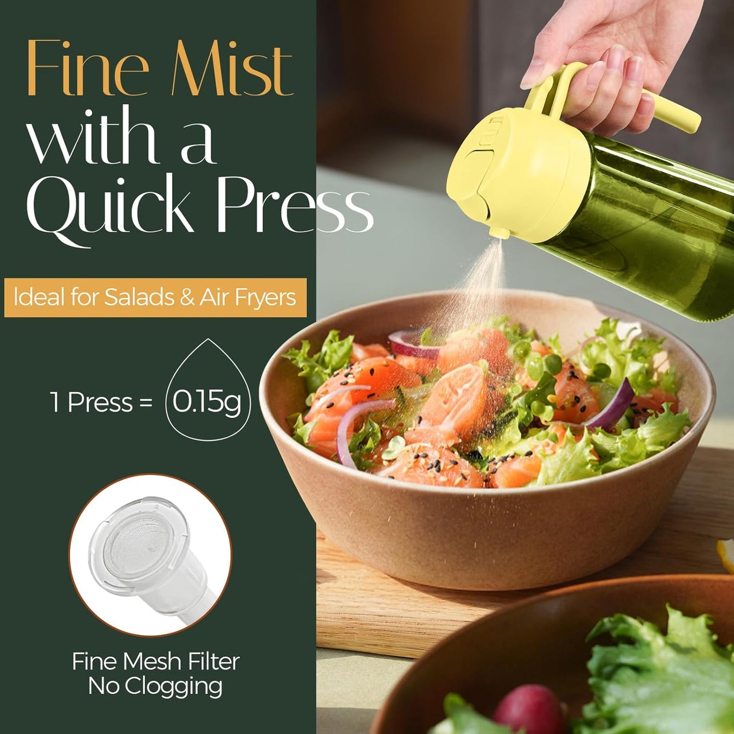 YARRAMATE 16oz/470ml Light-Blocking Dark Oil Sprayer for Cooking, 2 in 1 Olive Oil Dispenser Bottle for Kitchen, Premium Dark Green Glass Oil Bottle, Food-Grade Oil Mister for Air Fryer, BBQ (Pomelo)