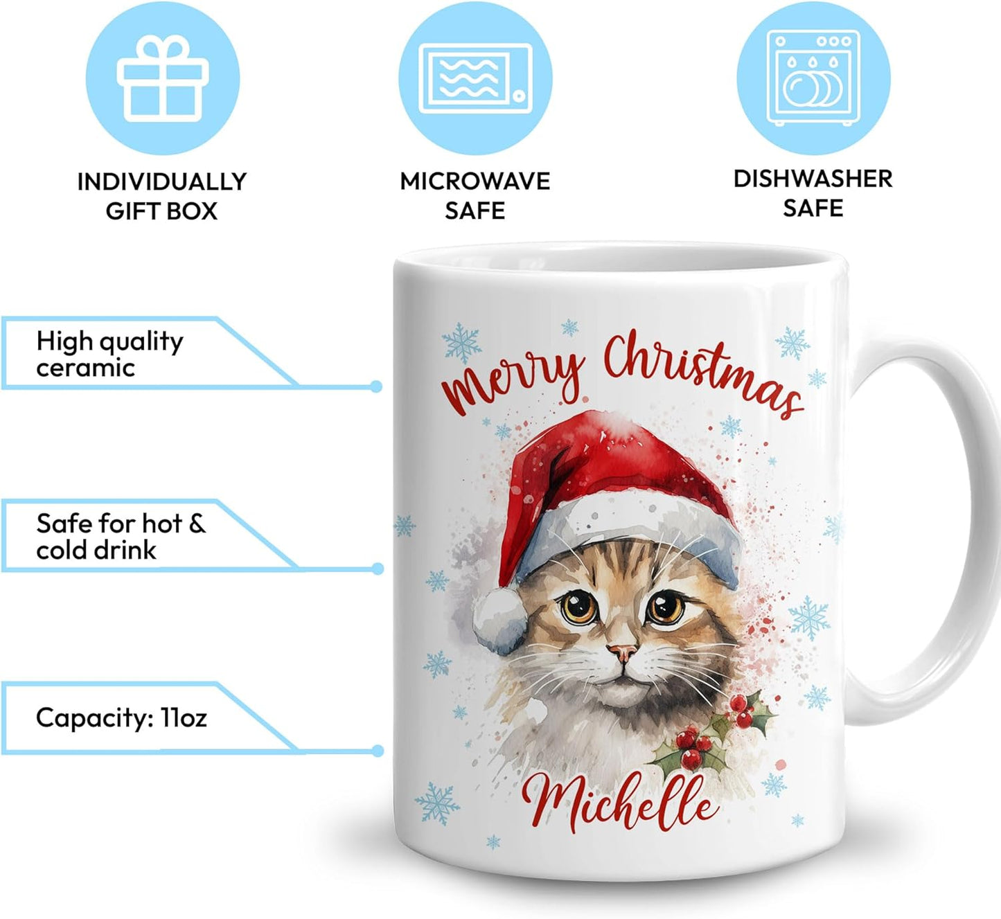 Hyturtle Personalized Gifts Cat Lover - Cat Wearing Santa Hat Custom Name Ceramic Coffee Mug Cup 11oz - Cute Animal Lovers Gifts For Women, Girl kids Family On Birthday, Christmas