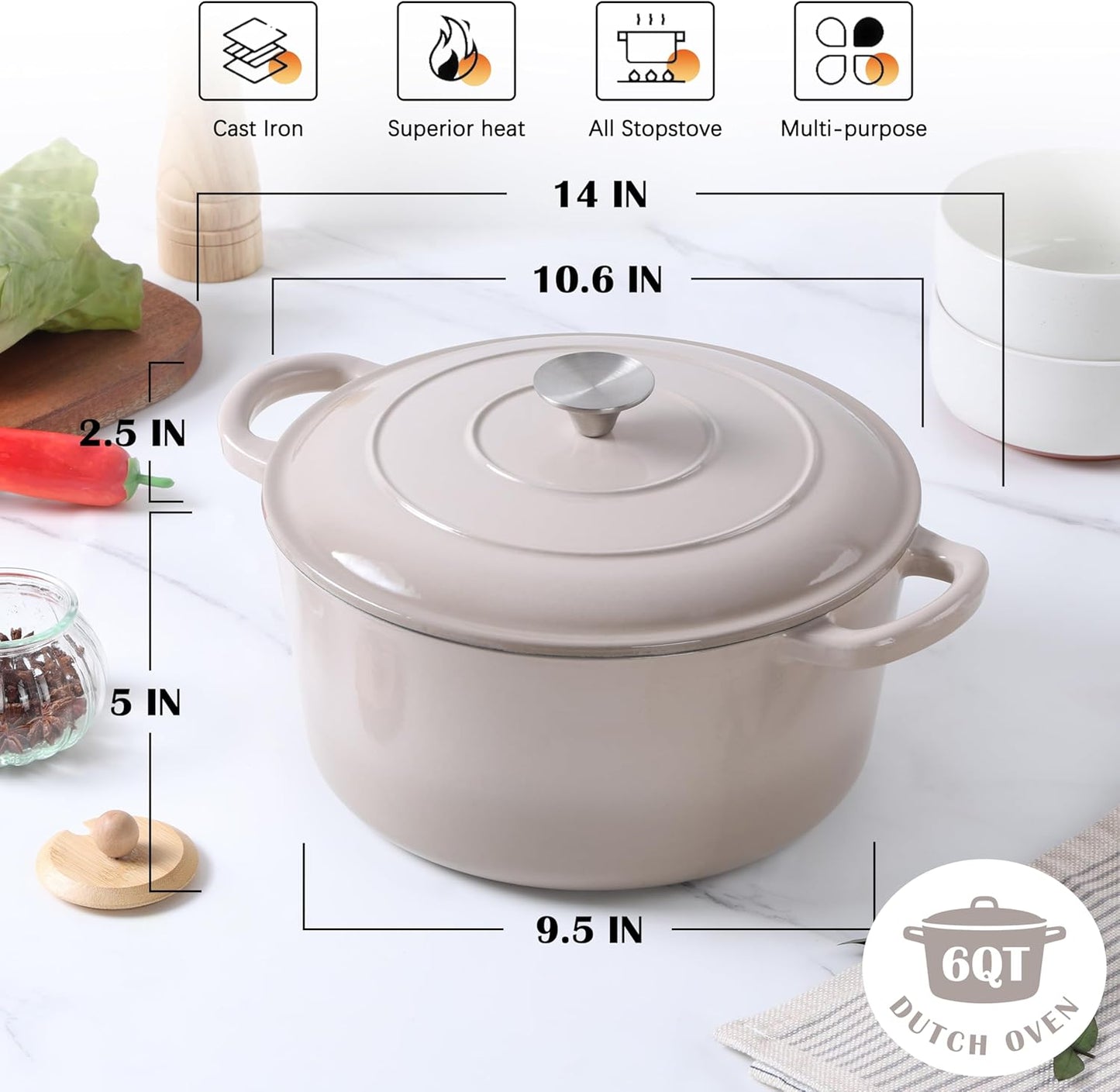 E-far Enameled Dutch Oven Pot for Bread Baking, 6QT Enameled Cast Iron Cookware with Self-Basting Lid & Sourdough Bread Baking Supplies, Heavy Duty Casserole Pot & Dual Handles-Khaki