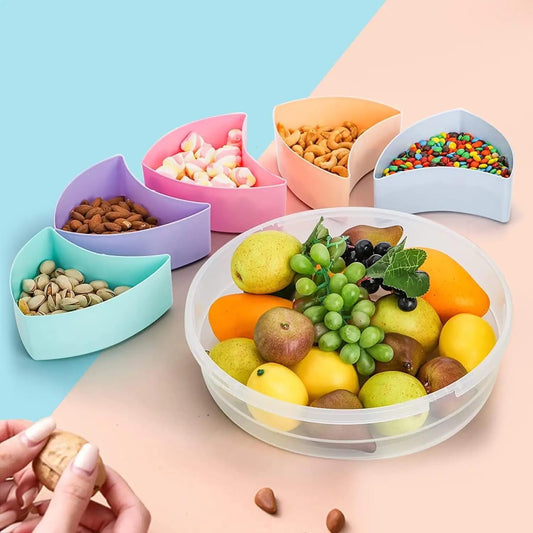 Snack Box Container – 5 Compartment Divided Serving Tray with Lid & Handle for Dry Fruits, Sweets, Nuts, Snacks & More – Portable Food Storage Organizer