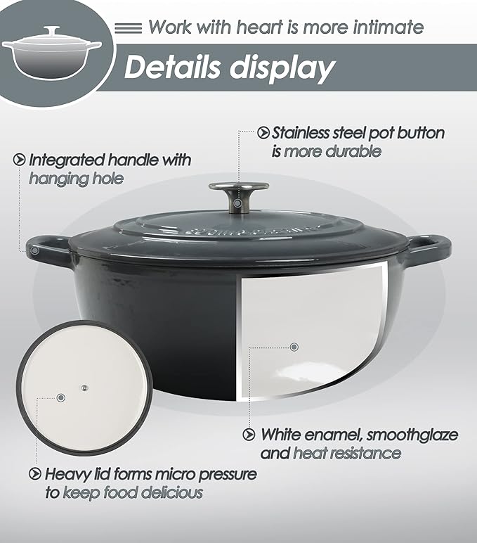 Enameled Cast Iron Dutch Oven Pot with Lid for Sourdough Bread Baking, Bread Dutch Ovens, Cooking Pots, 5 Quart, Gray