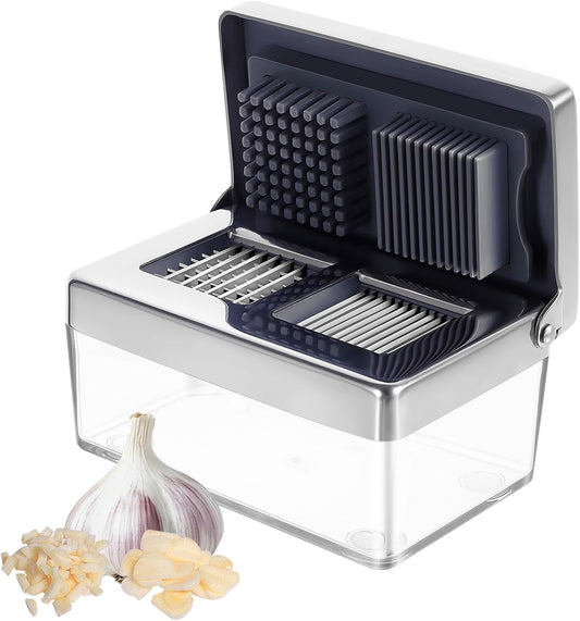 Garlic Press Stainless Steel, Garlic Chopper Mini & Slicer Super Thin 2 in 1, Odor Free Ginger Dicer With Storage Container, Dishwasher Safe Mini Chopper, Premium Mincer with 5 year warranty