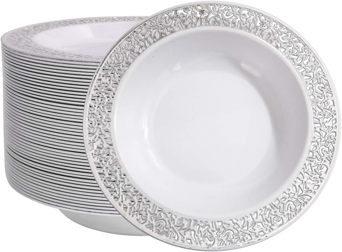 I00000 60 Plastic Soup Bowls 12 oz, Silver Disposable Dessert Salad Bowls,Silver Platsic Party Dishes for Party and Wedding