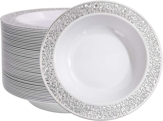 I00000 60 Plastic Soup Bowls 12 oz, Silver Disposable Dessert Salad Bowls,Silver Platsic Party Dishes for Party and Wedding