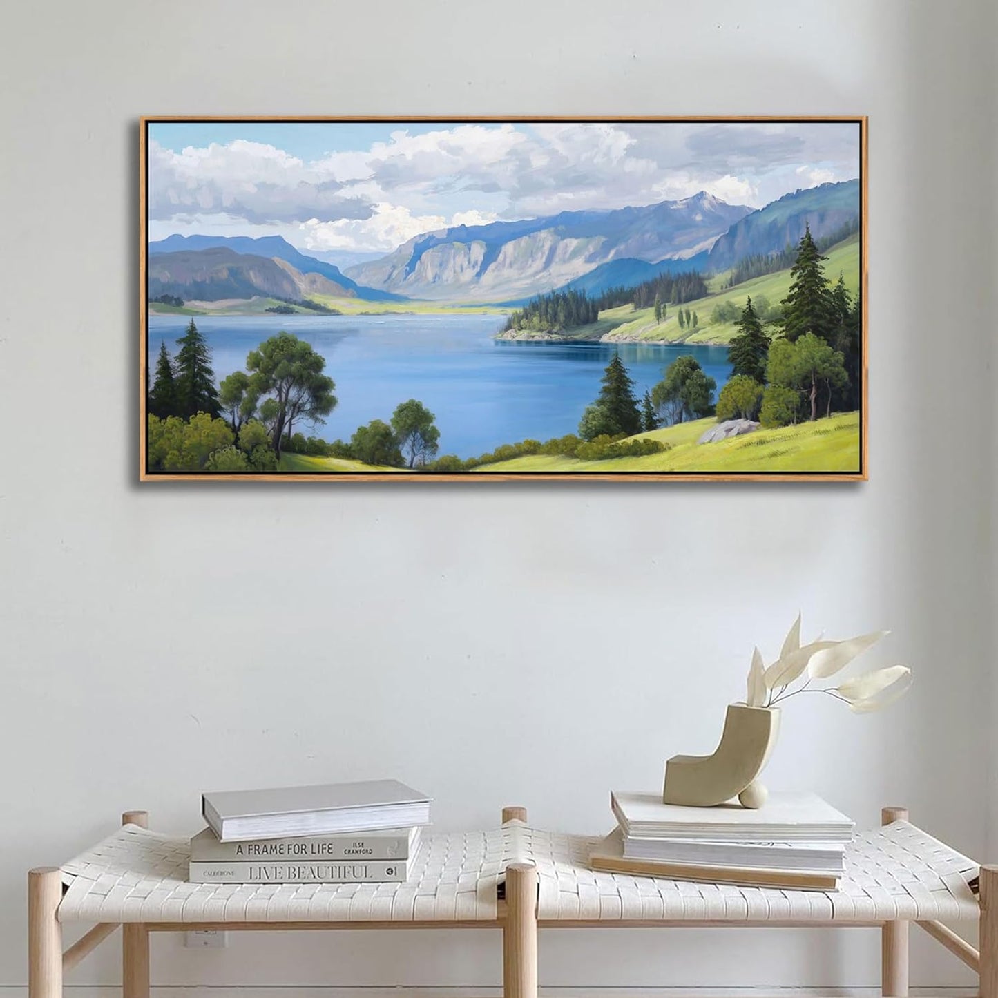Landscape Wall Art for Living Room - with Mountain and Lake Scenery Pictures Wall Decor Large Canvas Wall Art, Forest and Nature Wall Decor for Bedroom, Green Artwork Prints for Above Bed 24×48IN