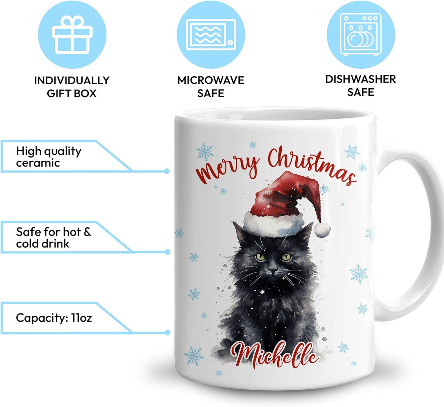 Hyturtle Personalized Gifts Black Cat Lover - Black Cat Wearing Santa Hat Custom Name Ceramic Coffee Mug Cup 11oz - Cute Animal Lovers Gifts For Women, Girl kids Family On Birthday, Christmas