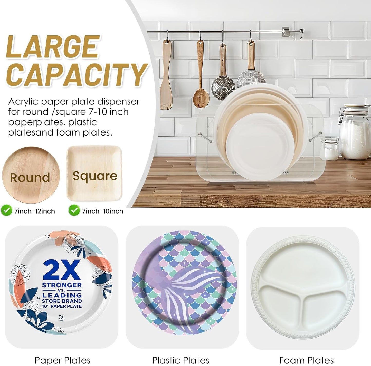 Paper Plate Dispenser, 7-12 Inch Disposable Plates Storage Organizer, Round Square Plastic Foam Paper Plate Acrylic Organizer for Cabinet, Countertop, RV or Outdoor Use (1)