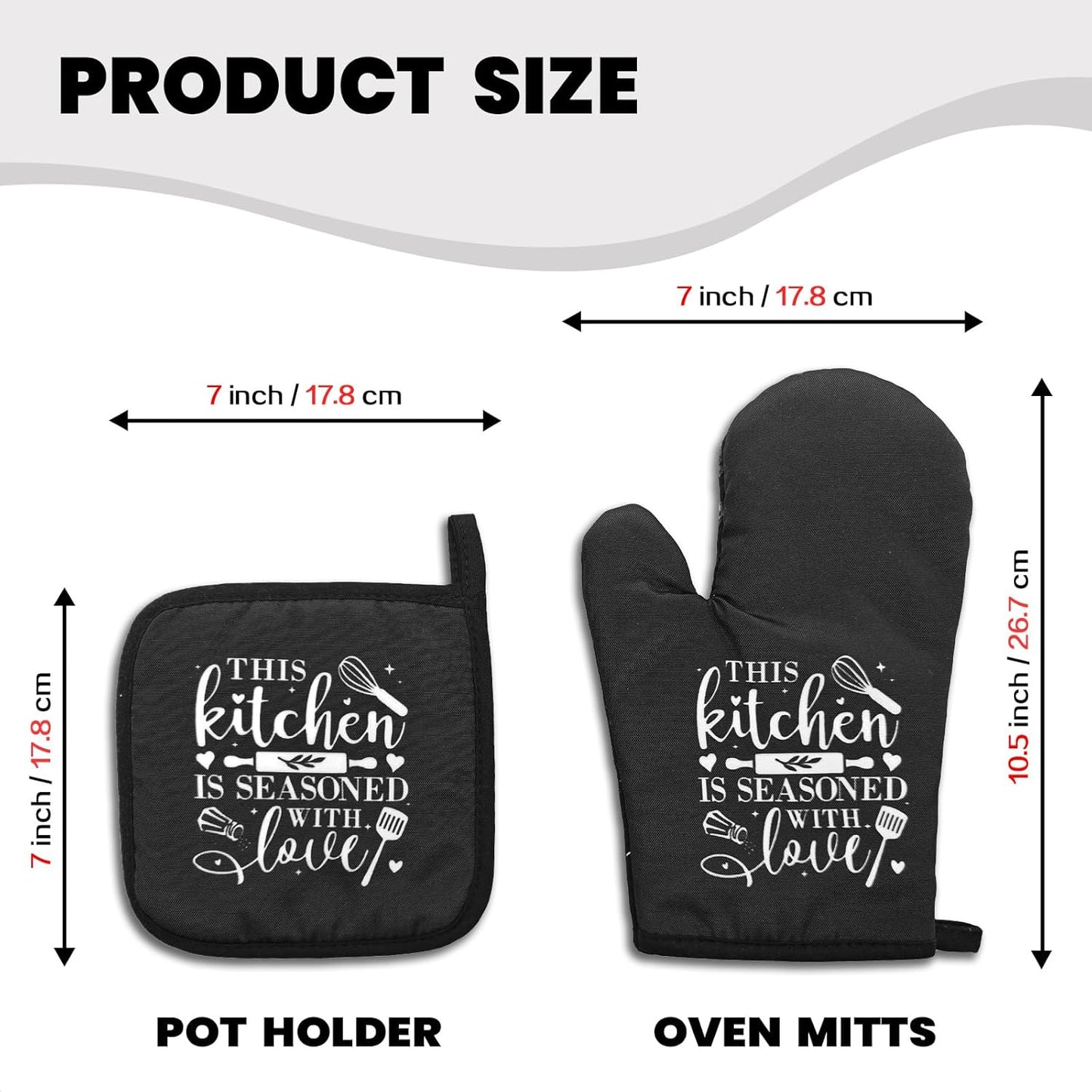 Funny Oven Mitts and Pot Holders Set with Sayings This Kitchen is Seasoned with Love Heat Resistant Mitts Silicone Non-Slip Oven Mitts Sweet Housewarming Gifts for Women Men Hostess Friend