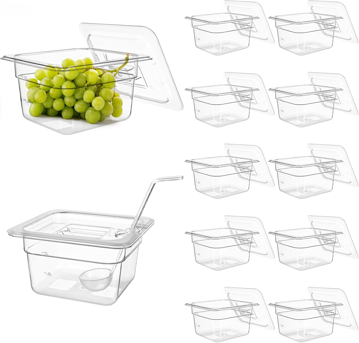 12 Pack Plastic Clear Food Pan with Lids, 1/6 Size 4'' Deep Commercial Stackable Polycarbonate Pans Hotel Food Storage Pan with 1 Pcs Spoon for Fruits Vegetables